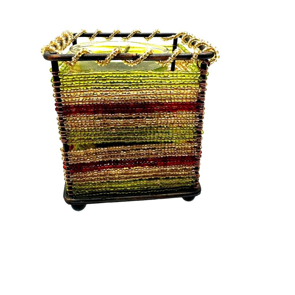 Multicolor Beaded Votive Tea‎ Light Candle Holder With Green Candle Home Decor